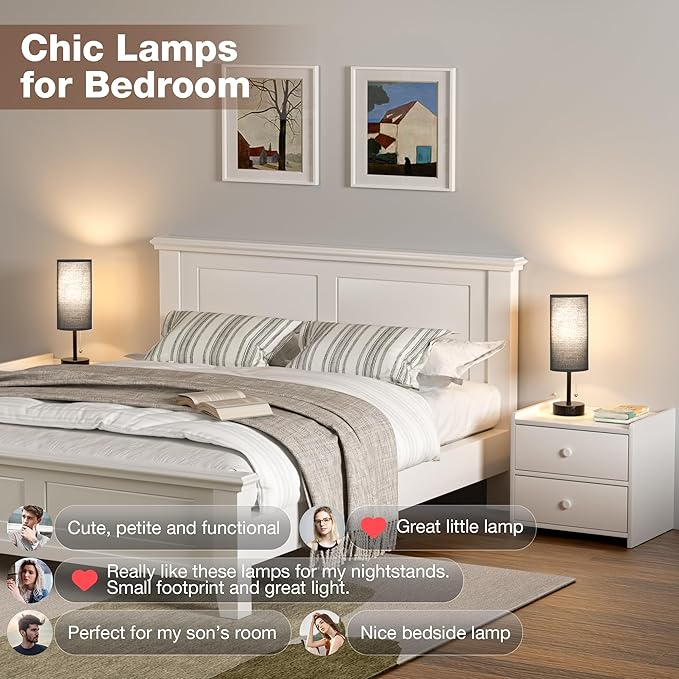 Black Bedside Lamps for Bedroom Set of 2 - Nightstand Table Lamp with USB Charging Port, Pull Chain Night Stand Light, Side Table Desk Reading Lamp for Living Room/Dorm/Bathroom/Kitchen - Bloomnest