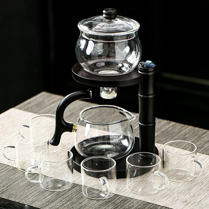 Glass Teapot Set with Infuser Semi Automatic Tea Set Magic Teapot (Bamboo - black) - Bloomnest