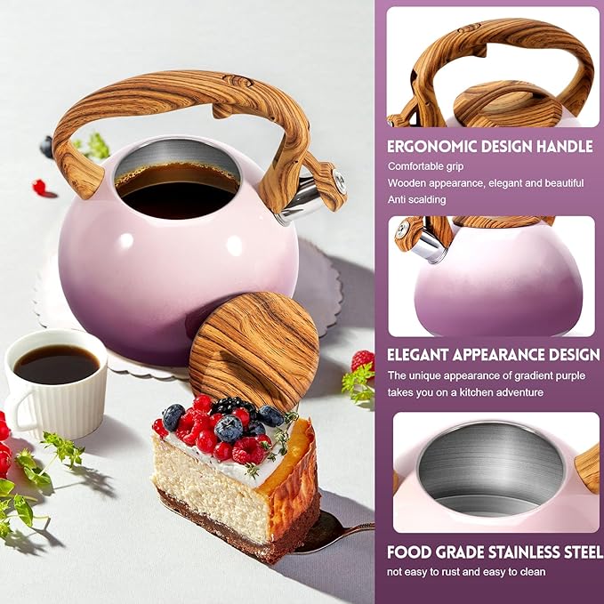 GGC Tea Kettle for Stove Top, 3.1QT/3L Whistling Tea Kettles for Boiling Water Coffee or Milk, Purple Tea Pot with Wood Parttern Handle, Stainless Steel Tea Pot for Home and Kitchen - Bloomnest