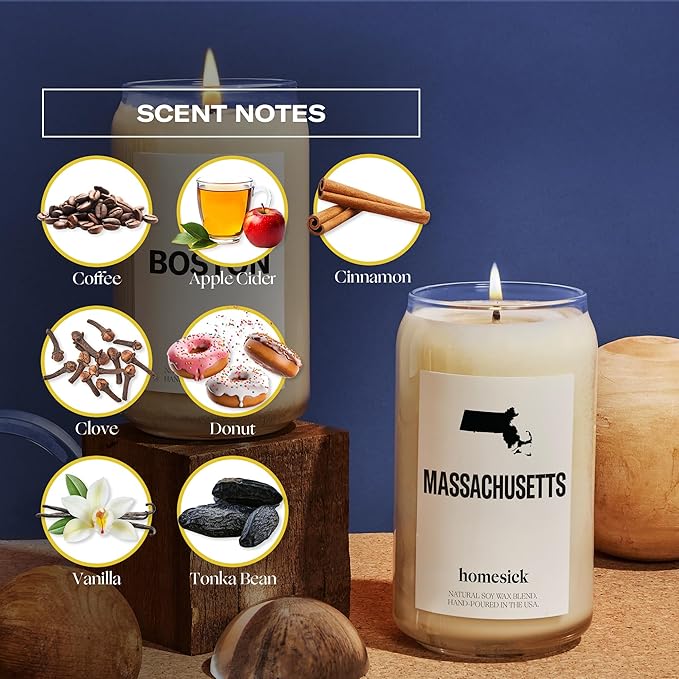 Homesick Scented Candles for Home (Massachusetts) - 13.75 oz Long-Lasting Soy Wax Jar Candle for Women & Men for All Occasions, 60-80 Hours Burn Time - Notes of Coffee & Apple Cider - Bloomnest