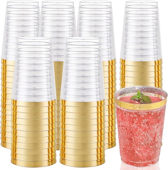 I00000 50 Pack 12 oz Gold Plastic Cups, Gold Rimmed Disposable Cups, Disposable Plastic Wine Glasses Cocktail Glasses Heavy Duty Cup with Golden Rim, 12 Ounce Tumblers for Party & Wedding - Bloomnest