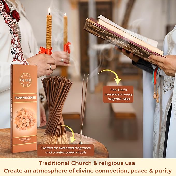 Frankincense Incense Sticks - Pack of 100 Insence-Sticks for Catholic Christian Church - Made with Natural Non Toxic Incienso - Scented Insense Spiritual Agarbatti Incents TRUMIRI