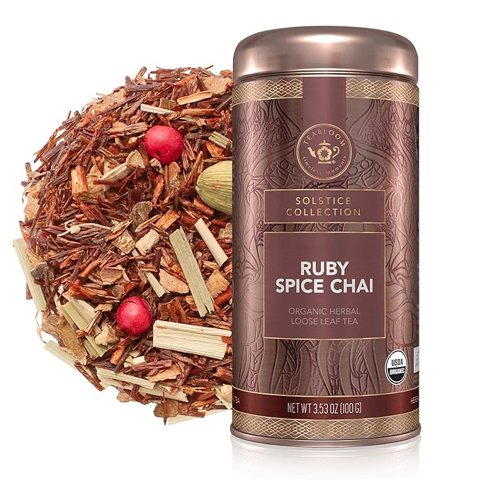 Teabloom Organic Herbal Tea, Ruby Spice Chai Loose Leaf Tea, Spicy and Rich Rooibos Chai with No Caffeine, USDA and EU Certified Organic, Fresh Whole Leaf Blend in Reusable Gift Canister, 3 oz/85 g Canister Makes 35-50 Cups - Bloomnest