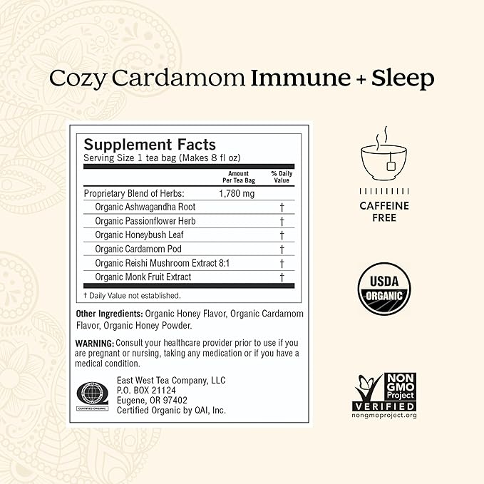 Yogi Tea Cozy Cardamom Immune & Sleep - Organic Herbal Tea for Immune System & Sleep Support - Includes Ashwagandha, Passionflower, Reishi & More - Caffeine-Free - 16 Tea Bags Per Pack (6 Packs) - Bloomnest