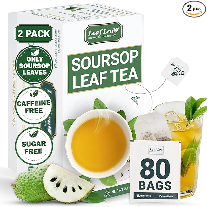 LeafLea 80 Soursop Leaf Tea Bags, from Natural Soursop Leaves (Graviola), Herbal Blend for Wellness, Sour Sop Herbal Tea Individually Wrapped for Freshness, Caffeine-Free, Vegan, No Sugar, Non-GMO - Bloomnest