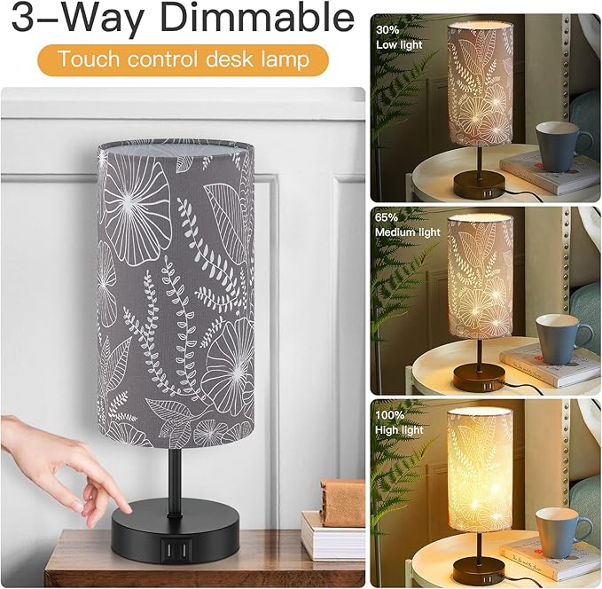 Touch Control Bedside Lamp with 2 USB Ports, 3-Way Dimmable Table lamp for Bedroom, Nightstand Lamp with Round Grey Fabric Shade for Living Room Home Office (E26 LED Bulb Included) - Bloomnest