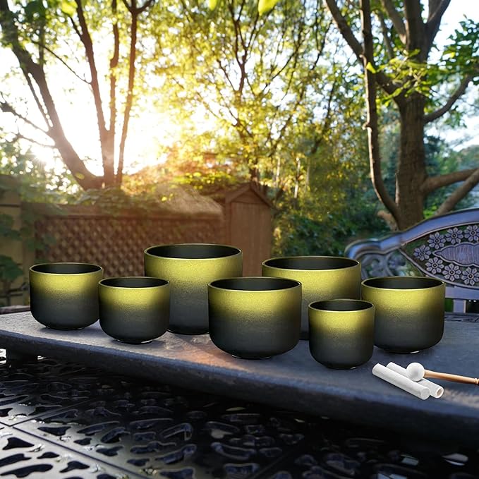Ryan Dvan Crystal Singing Bowl Set 7-12 Inch, Black with Gold Frosted Quartz Sound Therapy Bowls with Mallets, O-Rings & 2 Carrying Cases — Chakra Healing, Reiki, Yoga, Meditation, Energy Balancing - Bloomnest