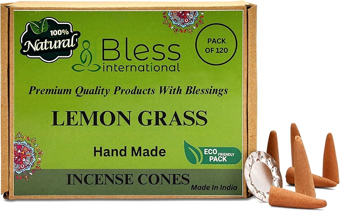 Bless International Lemon Gras 100%-Natural-Incense-Cones Handmade-Hand-Dipped Organic-Chemicals-Free for-Purification-Relaxation-Positivity-Yoga-Meditation The-Best-scents (120 Count)
