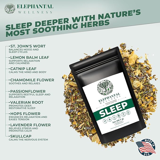 Elephantal Wellness Premium Sleep Herbal Tea | Deep Rest & Relaxation Support with Valerian Root, Passionflower, Chamomile, Lemon Balm Tea & Skullcap | Handmade, Caffeine-Free, Non-GMO Loose Leaf Blend, 2oz, 20 Servings - Bloomnest