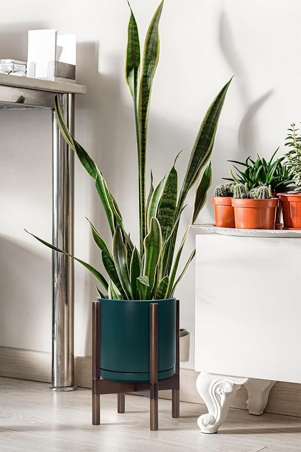 D'vine Dev Ceramic Planter with Walnut Color Stand - 10 Inch Modern Round Flower Pot with Wood Planter Holder, Teal, 55-B-X-4 - Bloomnest