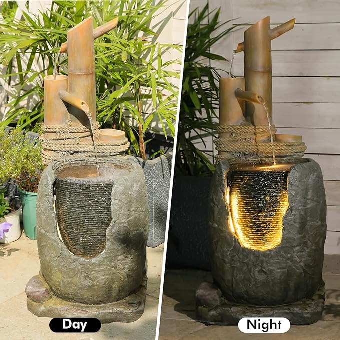 31" H 3 Tiered Bamboo & Imitation Rock Water Fountain - Natural Zen Decor with LED Lights Cascading Waterfall Design for Outside&Indoor - Suitable for Garden/Patio/Yard/Deck/Balcony （Resin） - Bloomnest
