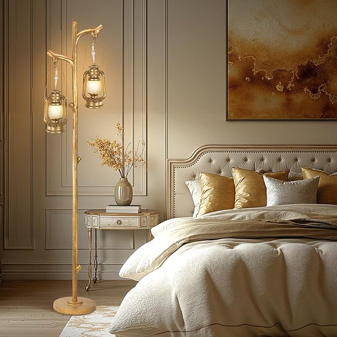 Scenekoy 68” Tall Floor Lamp with Lanterns, Gold Standing Lamp Tree Trunk Finish, Dimmable Resin Corner Lamp Stand Up Light with Bulb Prefer for Modern Living Room Bedroom Home Decor (Bulbs Included)