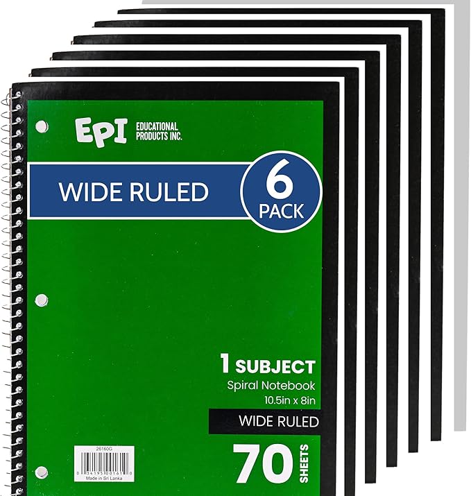 EPI Spiral Notebook | Wide - 70 Sheets, Durable Spiral Binding | 10.5 x 8 in | Classroom Supplies | School, Office, Note Taking, Journaling - 6 Pack - Bloomnest