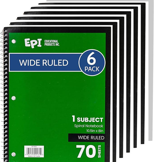 EPI Spiral Notebook | Wide - 70 Sheets, Durable Spiral Binding | 10.5 x 8 in | Classroom Supplies | School, Office, Note Taking, Journaling - 6 Pack - Bloomnest