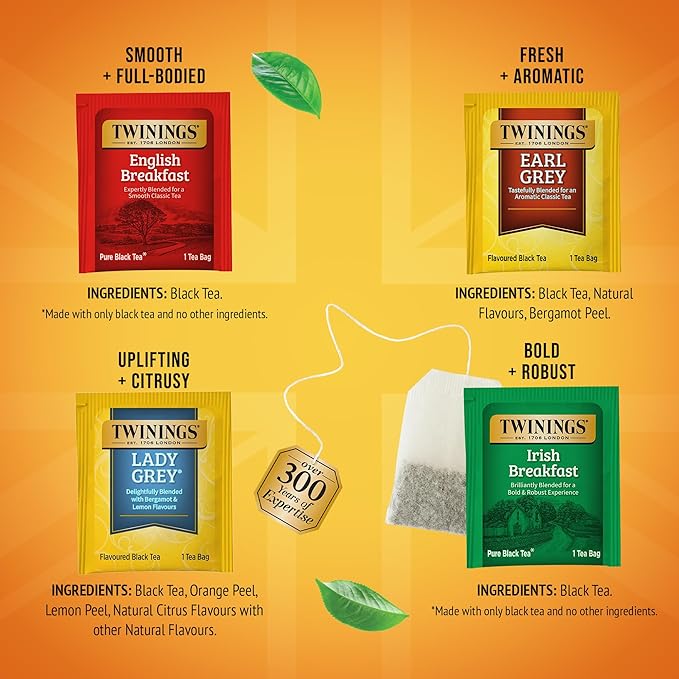 Twinings Variety Pack Black Tea Bags, 20 Count (Pack of 4), Includes English Breakfast, Earl Grey, Irish Breakfast, and Lady Grey, Caffeinated, Enjoy Hot or Iced, 80 Teabags - Bloomnest