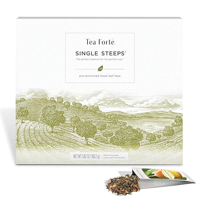 Tea Forte Classic Assortment Single Steeps Loose Leaf Premium Tea Gift Set Sampler, 28 Count Assorted Blends Pre-Portioned Single Serve Pouches, Steeps 12 oz