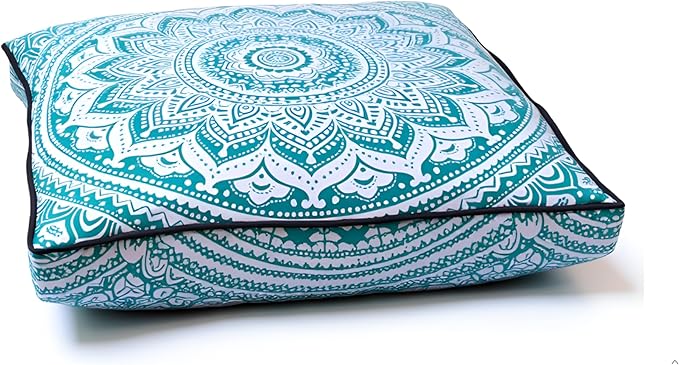 INDIAN CRAFT CASTLE ICC 24" Green Ombre Mandala Barmeri Large Floor Pillow Cover Cushion Meditation Seating Ottoman Throw Cover Hippie Decorative Zipped Bohemian Pouf Ottoman Pom Pom Cases 24" Square - Bloomnest