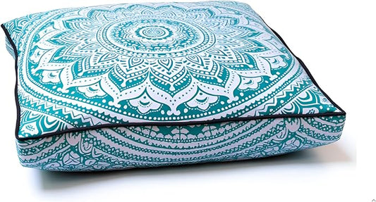 INDIAN CRAFT CASTLE ICC 24" Green Ombre Mandala Barmeri Large Floor Pillow Cover Cushion Meditation Seating Ottoman Throw Cover Hippie Decorative Zipped Bohemian Pouf Ottoman Pom Pom Cases 24" Square - Bloomnest