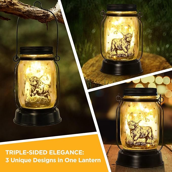 Highland Cow Gifts for Women/Men Highland Cattle Lovers Solar Lantern Mom Birthday, Mothers Day, Christmas Gifts, Solar Cow Garden Decoration Outside for Yard, Patio,Backyard,Porch, Torches - Bloomnest
