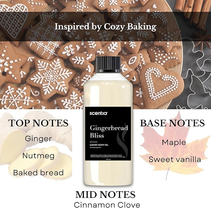 Scentia Gingerbread Bliss Fragrance Oil – 500ml Professional Christmas Diffuser Oil | Cozy Holiday Blend with Ginger, Nutmeg, Cinnamon & Vanilla | Aromatherapy for Homes, Spas, Hotels & DIY Supplies Scentia