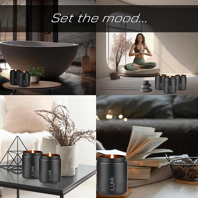 Set of 3 Premium Scented Soy Candles Gift Set | Le Noir Collection - Men’s Cologne, Red Teakwood, Bergamot & Oud | Crackling Wood Wick | Luxury Candles for Relaxation, Home Décor & Gifts | 9.8oz Each - Bloomnest