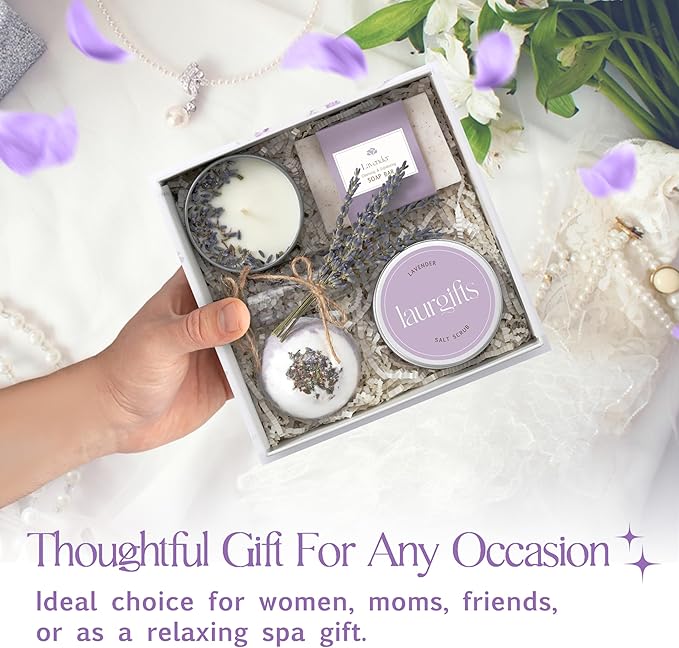 Lavender Spa Gift Box for Women – Small Candle Set with Bath Gifts, Relaxing Self Care Spa Set, Birthday Basket for Women, Mom & New Mom - Bloomnest