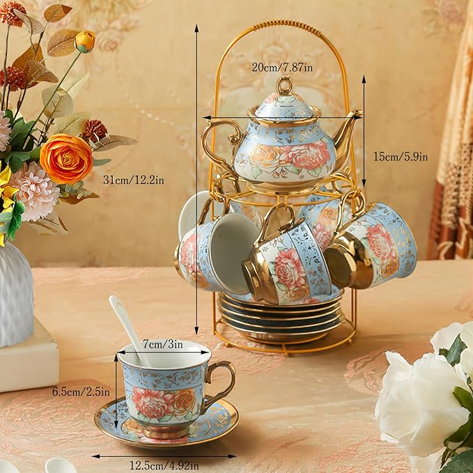 20Pcs Porcelain Tea Set for Adults, European Ceramic Tea Set Flower Ceramic Tea Cups, Teapot, & Saucers with Metal Holder for Women Tea Party (Blue) - Bloomnest