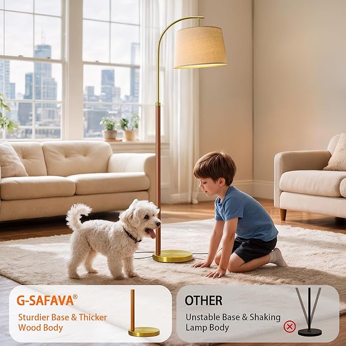 62.5" Wood Floor Lamp for Living Room Gold with Foot Switch Arc Standing Tall Lamps for Bedroom Mid Century Modern Corner Floor Lamps for Office Nursery Industrial Reading Light Room Lamp - Bloomnest