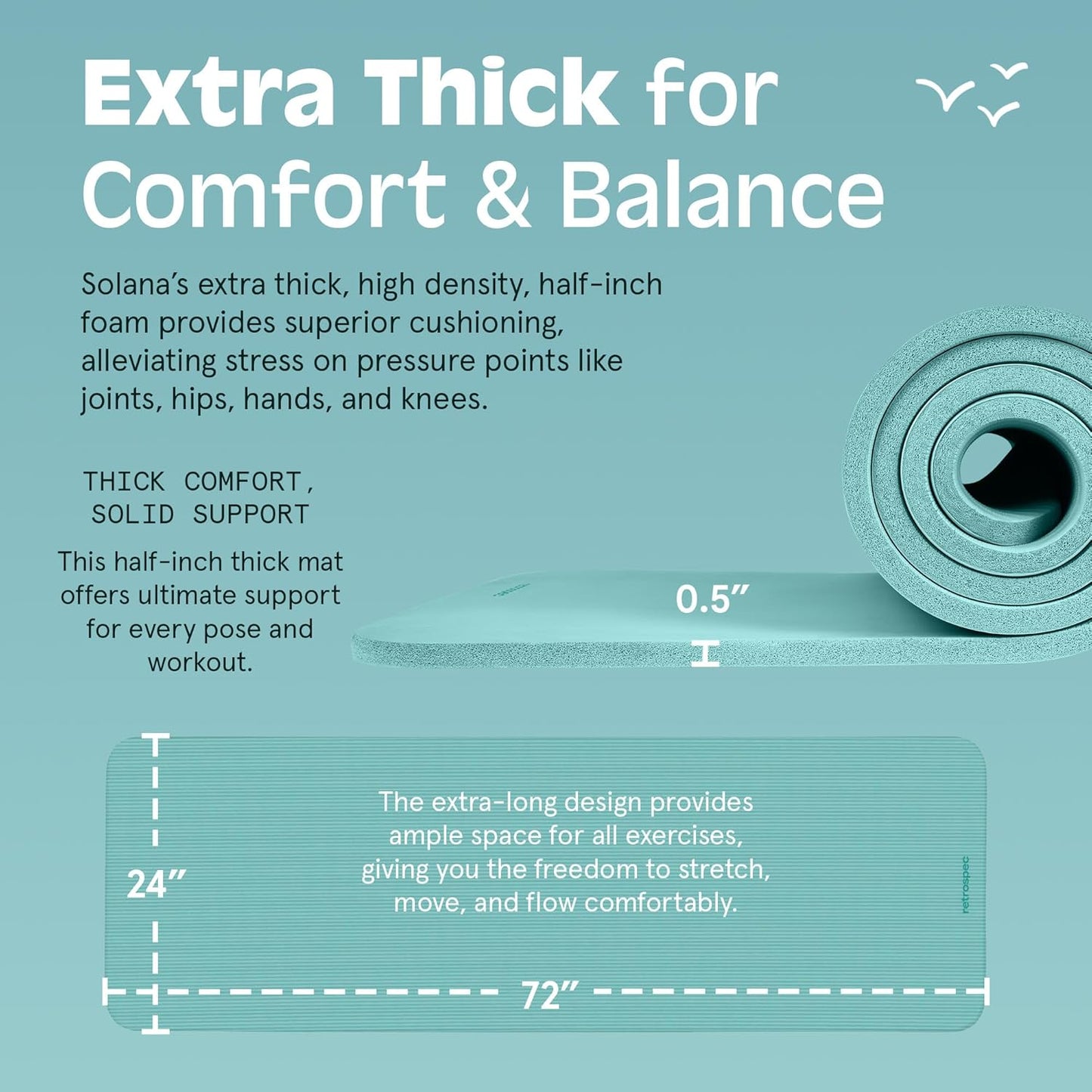 Retrospec Solana Yoga Mat 1/2" Thick w/Nylon Strap for Men & Women - Non Slip Exercise Mat for Yoga, Pilates, Stretching, Floor & Fitness Workouts