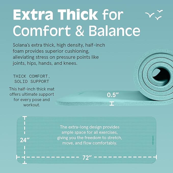 Retrospec Solana Yoga Mat 1/2" Thick w/Nylon Strap for Men & Women - Non Slip Exercise Mat for Yoga, Pilates, Stretching, Floor & Fitness Workouts - Bloomnest