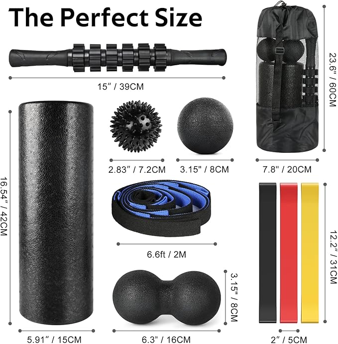 7 in1 Foam Roller Set for Deep Tissue Muscle Massager - High Density Back Roller, Muscle Roller Stick, Resistance Bands, Foot Massage Ball, Stretching Strap for Exercise, Whole Body Physical Therapy - Bloomnest