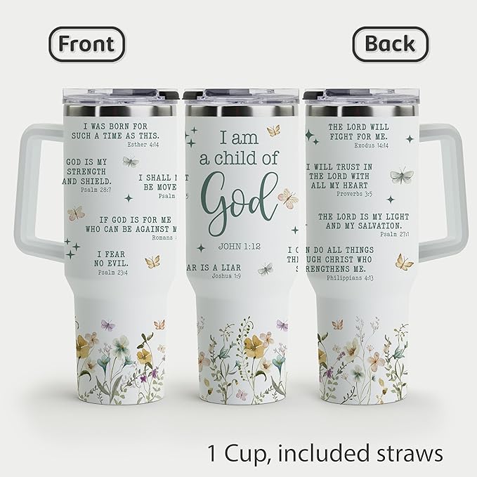 Christian Tumbler - Gifts for Christian Women - Bible Emergency Tumber - Motivational Coffee Tumbler - Gift Ideas for Christian Women, Friend, Coworkers - I Am A Child of God 40oz Tumbler with Handle - Bloomnest