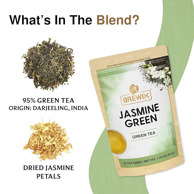 BREWIX, Jasmine Green Tea (25 Pyramid Tea Bags) | High Grown Green Tea from Himalayas with Jasmine | Caffeinated Tea Loose Leaf | High Elevation Grown - Bloomnest