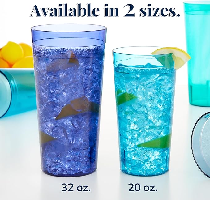 US Acrylic Cafe Plastic Reusable Tumblers (Set of 16) 20-ounce Water Cups Coastal Colors | Restaurant Style Drinking Glasses Value Set, Stackable, BPA-free, Made in the USA | Top-rack Dishwasher Safe - Bloomnest