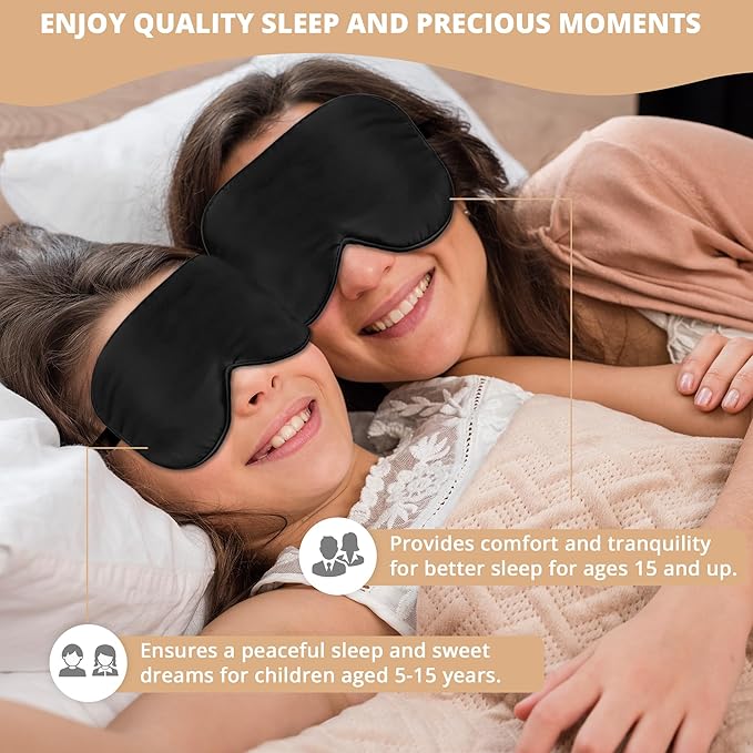 Silk Sleep Mask Eye Cover, 100% Real Natural Silk Eye Mask for Sleeping with Adjustable Strap, 100% Silk Filling Blindfold, Eye Shade for Kids/Teens/Adults, Sleeping Masks for Family (2 Black) - Bloomnest