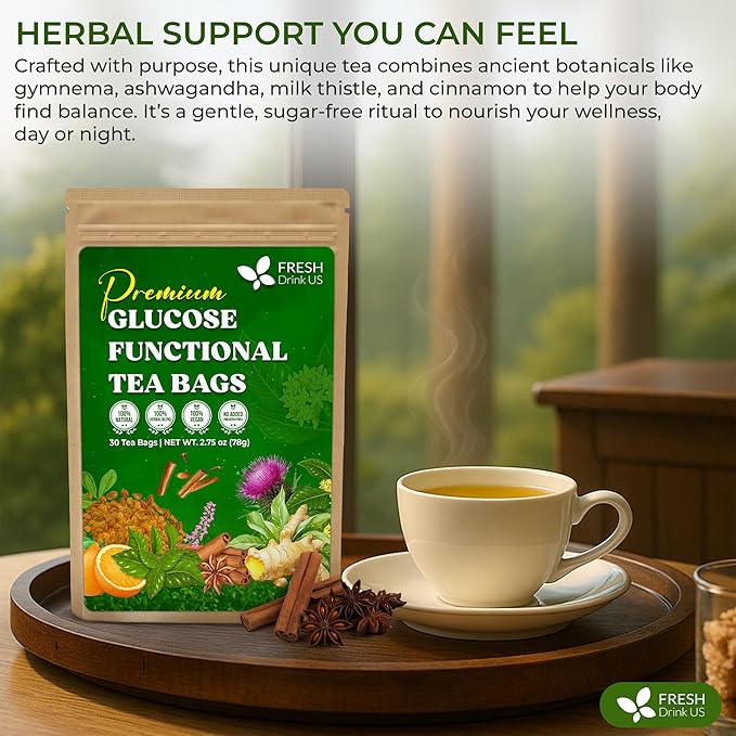 FreshDrinkUS, Premium 30 Tea Bags Glucose Functional Tea – Herbal Blend with Gymnema, Cinnamon, Bitter Melon, Tulsi & More –– Caffeine-Free. Sugar-Free. Gluten-Free. Vegan - Bloomnest