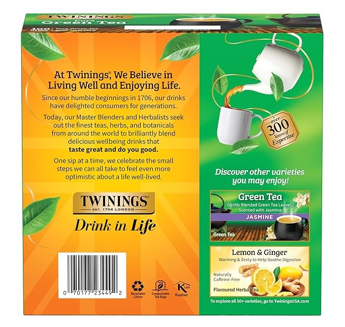 Twinings Pure Green Tea Individually Wrapped Bags, 100 Count (Pack of 1), Smooth & Refreshing, Caffeinated, Enjoy Hot or Iced, 100 Teabags - Bloomnest