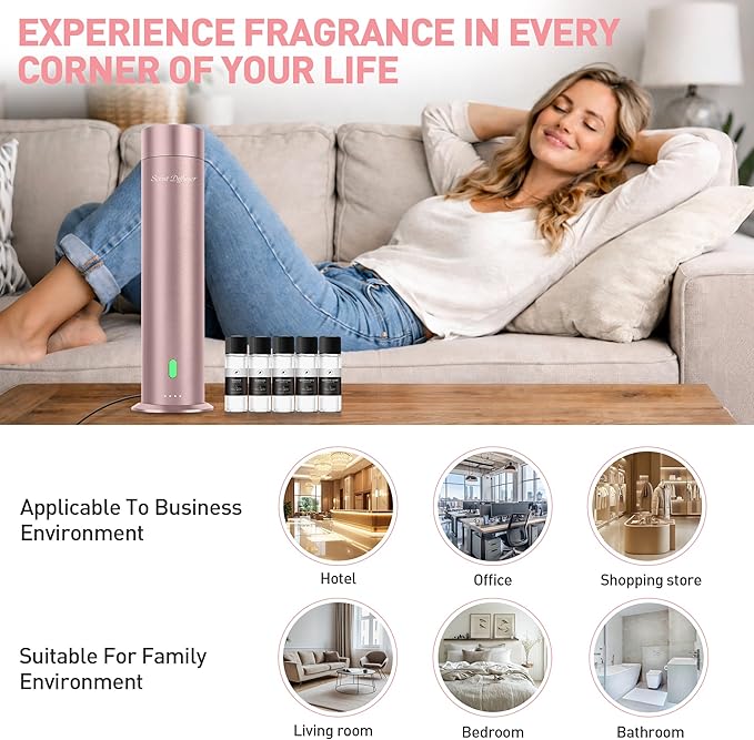 Waterless Scent Diffuser Starter Kit - 1000 Sq Ft Coverage, Hotel Scent Diffuser, Essential Oil Diffuser Large Room, Included 5 Scent Oils, Remote Control, Rosepink - Bloomnest