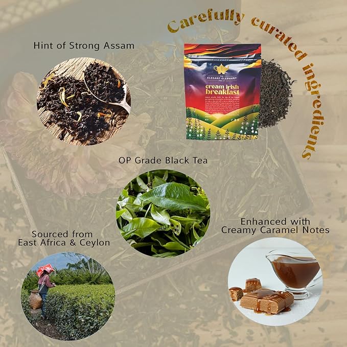 Cream Irish Breakfast Tea, Loose Leaf Black Tea – Irish Classic with Caramel & Strong Assam – Robust, Full-Bodied – Drink Hot or Iced – 4 oz Resealable Bag (Makes 50 Cups) – The Elegant Elephant - Bloomnest