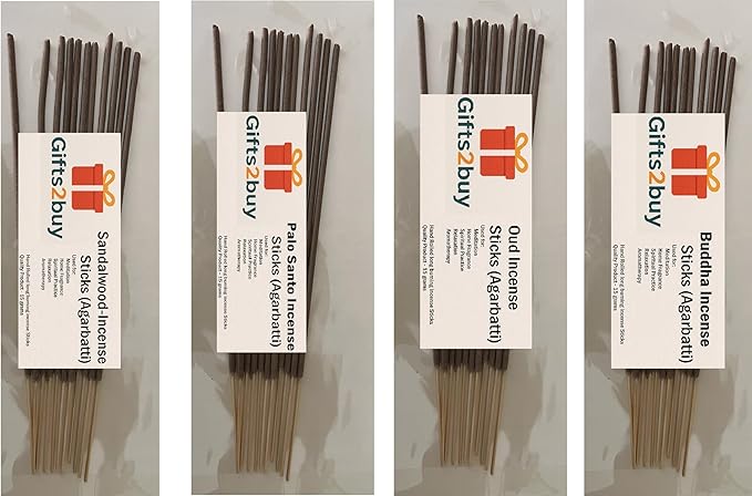 Gifts2buy Premium Incense Sticks Pack, 4 Fragrances - Buddha, Oud, Palo Santo, Sandalwood, 11 Sticks of 15 Grams per Fragrance, for Meditation and Aromatherapy