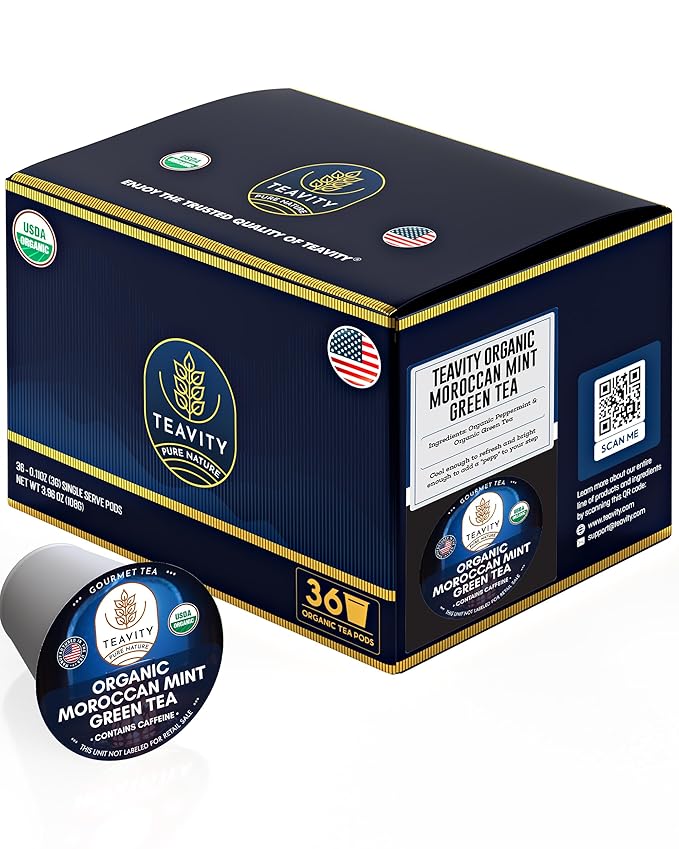 Organic Moroccan Mint Tea and Green Tea Pods for Keurig - Caffeinated Unsweet Tea for K Cup Brewing by Teavity (36 Tea Pods) - Bloomnest