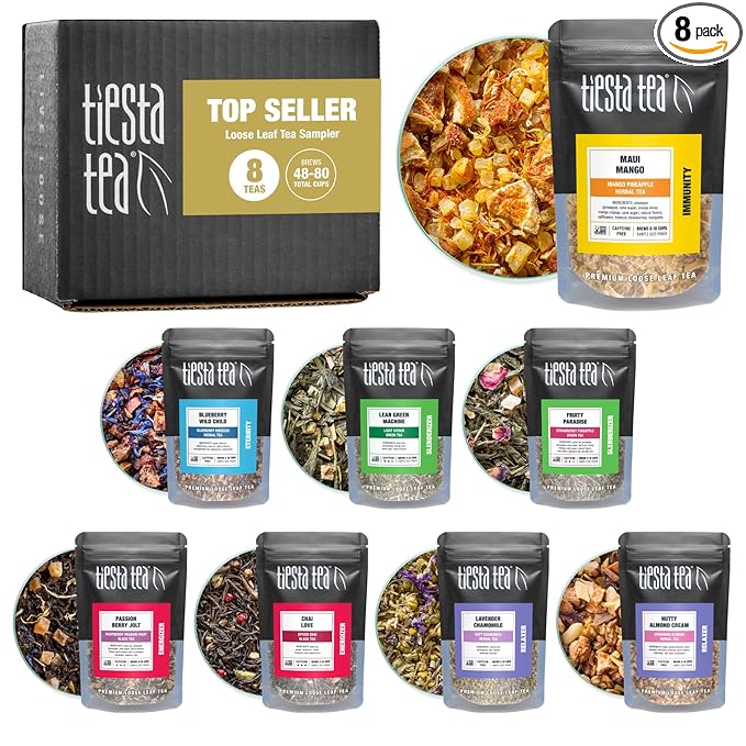 Tiesta Tea - Favorites Starter Sampler Dry Flight Set, Loose Leaf, High to No Caffeine, Makes Hot & Iced, Assorted Tea Sets with Herbal, Black, Fruit Blends & More, 8 Resealable Sample Pouches - Bloomnest
