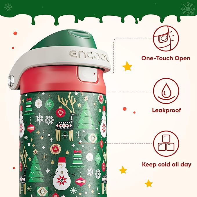 Christmas Insulated Water Bottle with Straw - Leak Proof Stainless Steel Water Bottle for School, Travel, Keeps Cold All Day, One-Touch Flip Lid, Holiday Gifts For Women Men, 24 oz, Frosty Forest ENCOOL