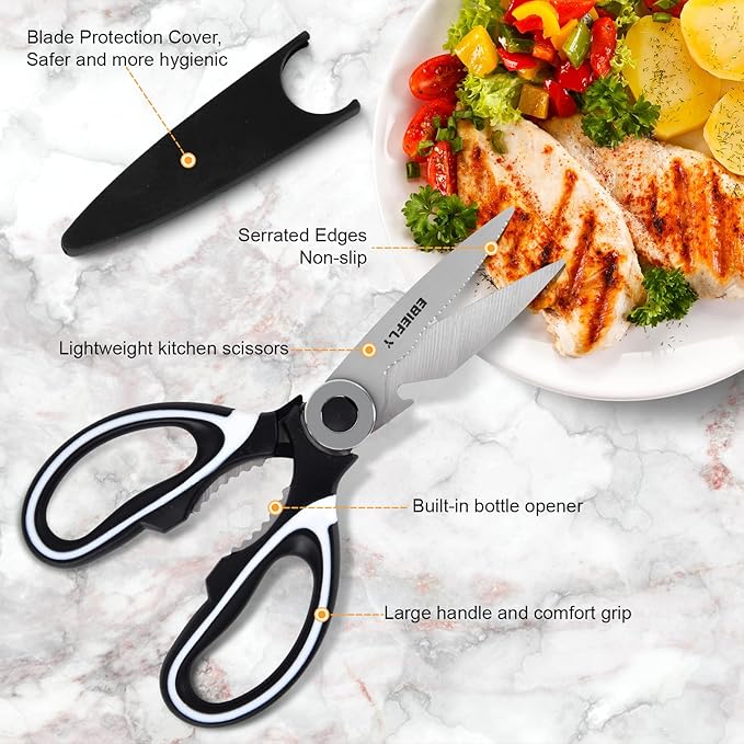 Kitchen Scissors Utility Chopping Scissor Professional Shears for Meat Cutting Sharp Kitchenaid Shears Multipurpose Scissor for Food Outdoor BBQ No Rust + 100 Pcs Plastic Gloves Disposable - Bloomnest