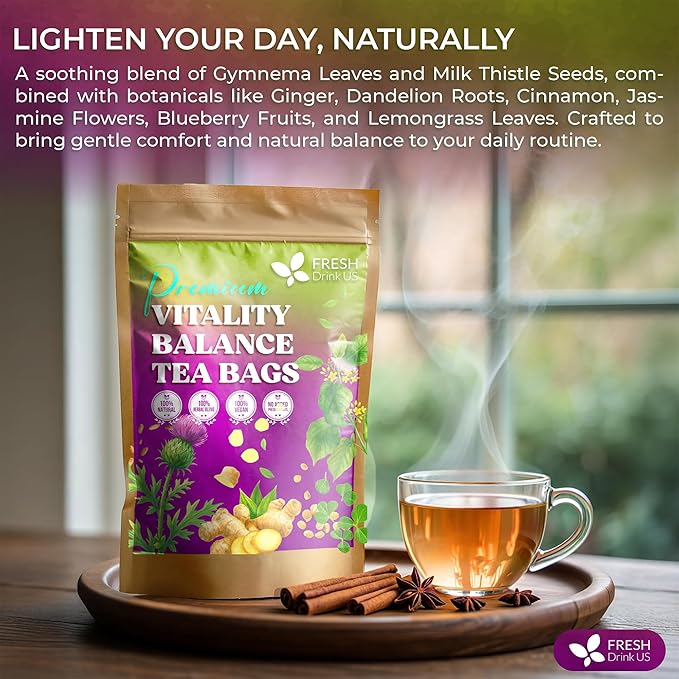 FreshDrinkUS, Vitality Balance Tea Bags | 30 Count | Herbal Blend with Gymnema, Milk Thistle Seed, Fenugreek, Dandelion Root, Ginger, Orange Peel & Other Herbs – 100% Natural, Caffeine-Free Herbal Tea - Bloomnest