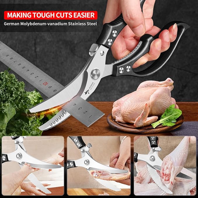 MAD SHARK Professional Heavy Duty Poultry Shears - Kitchen Shears for Spatchcocking Chicken and Meat Cutting, Multi-Purpose Kitchen Scissors for Food, Spring-loaded (Black) - Bloomnest