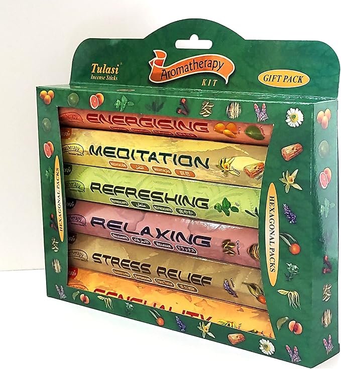 Tulasi Premium Aromatherapy Incense Sticks - Energising, Relaxing, Refreshing, Sensuality, Meditation & Stress Relief Mixed Scents, Hand Rolled with Natural Oils 120 Incense Sticks, 6 in 1 Gift Pack Tulasi