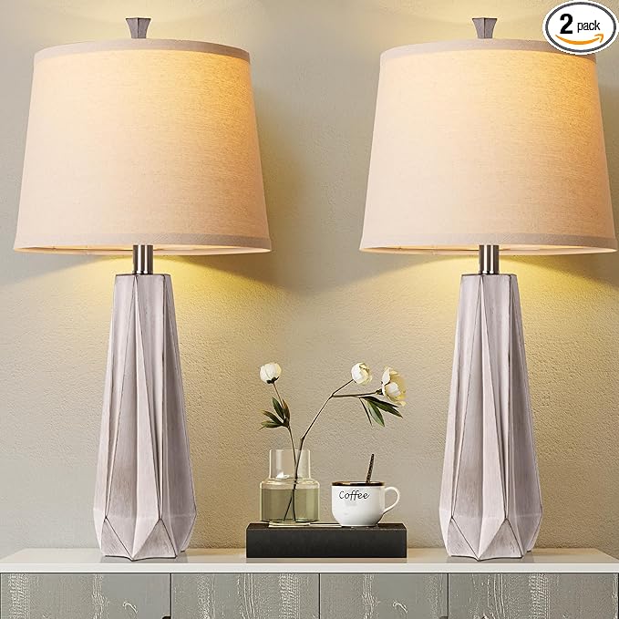 WIHTU 3 Color Temperature Table Lamps Set of 2, Beside Lamp with Linen Shade, 27'' Light Wood Color Modern Table Lamp for Living Room, Resin Desk Lamp for Nightstands Bedroom Decor (2 Bulbs Included) - Bloomnest