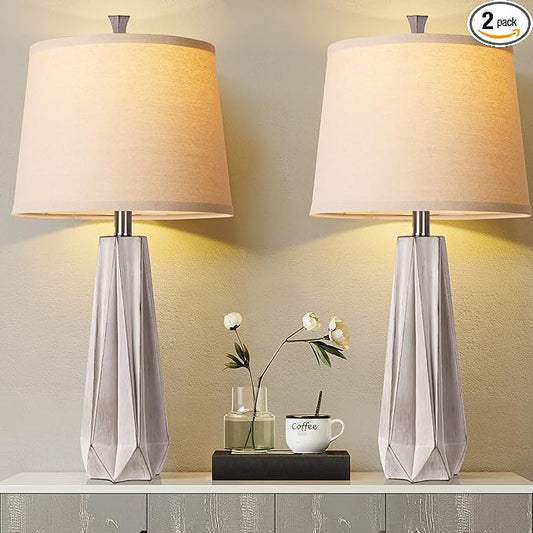 WIHTU 3 Color Temperature Table Lamps Set of 2, Beside Lamp with Linen Shade, 27'' Light Wood Color Modern Table Lamp for Living Room, Resin Desk Lamp for Nightstands Bedroom Decor (2 Bulbs Included) - Bloomnest