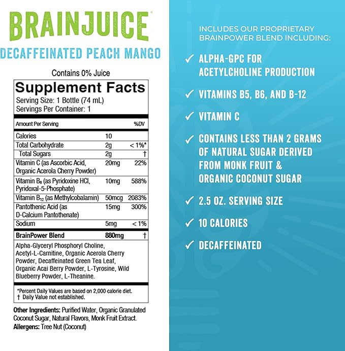BrainJuice Decaf Brain Support Shot, Gluten Free Supplement Shots for Energy & Focus, Healthy Drinks with Alpha GPC, Vitamin B & Decaffeinated Green Tea Leaf, Peach Mango, 2.5 fl oz, 12 Pack - Bloomnest
